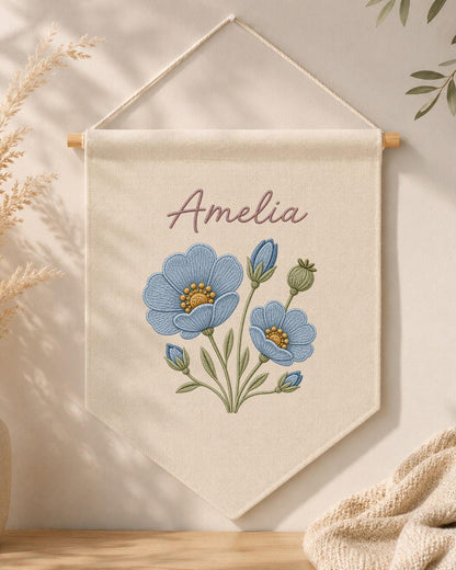 Personalized Blue Floral Wall Hanging, Embroidered Custom Name Banner, Botanical Nursery Decor, Baby Girl Room Gift, Flower Wall Art