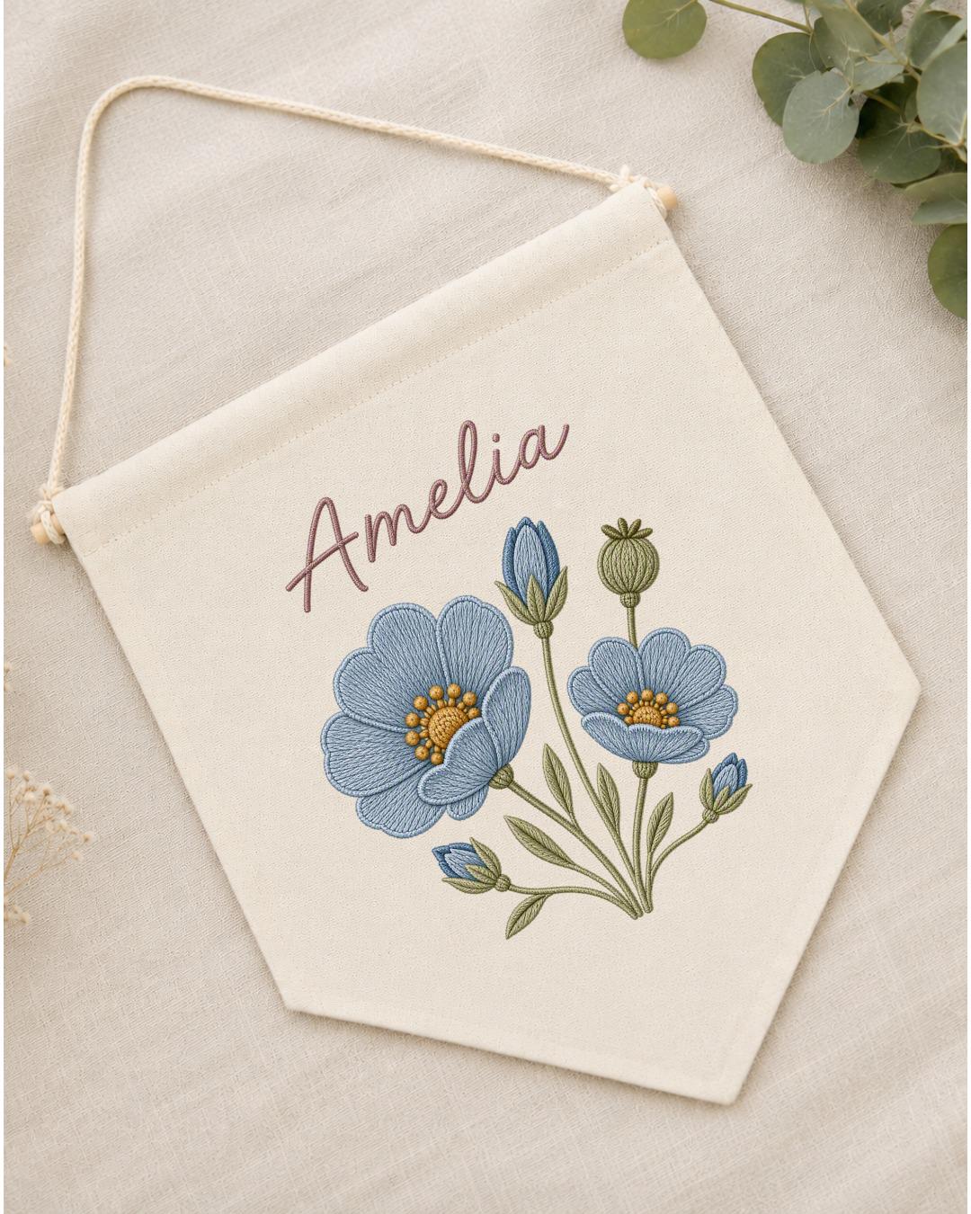 Personalized Blue Floral Wall Hanging, Embroidered Custom Name Banner, Botanical Nursery Decor, Baby Girl Room Gift, Flower Wall Art