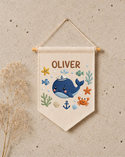 Personalized Whale Nursery Wall Hanging, Embroidered Custom Name Banner, Ocean Baby Boy Room Decor, Nautical Sea Life Nursery Gift