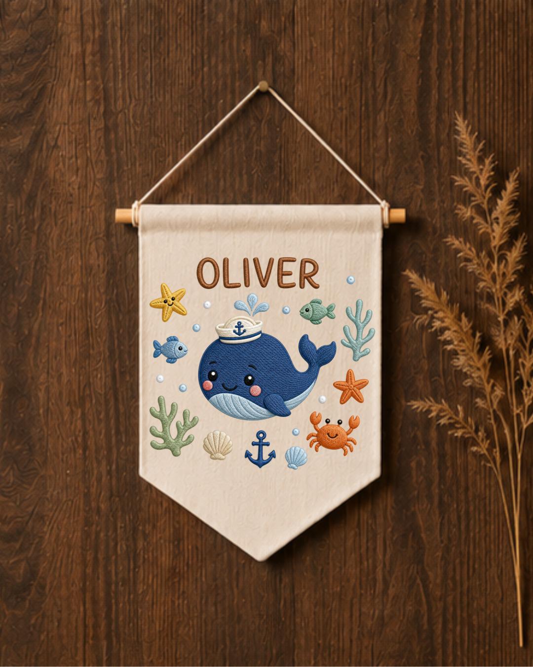 Personalized Whale Nursery Wall Hanging, Embroidered Custom Name Banner, Ocean Baby Boy Room Decor, Nautical Sea Life Nursery Gift