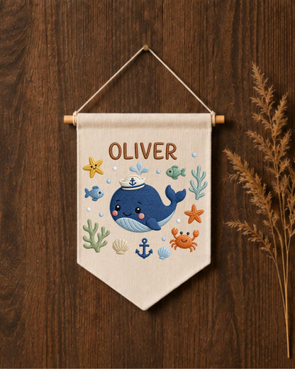 Personalized Whale Nursery Wall Hanging, Embroidered Custom Name Banner, Ocean Baby Boy Room Decor, Nautical Sea Life Nursery Gift