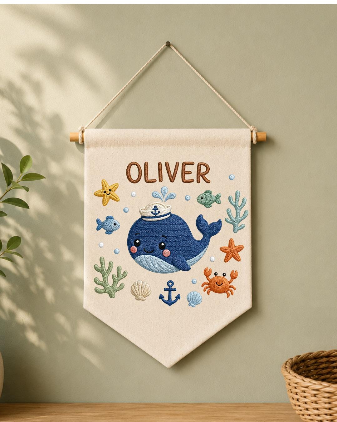 Personalized Whale Nursery Wall Hanging, Embroidered Custom Name Banner, Ocean Baby Boy Room Decor, Nautical Sea Life Nursery Gift