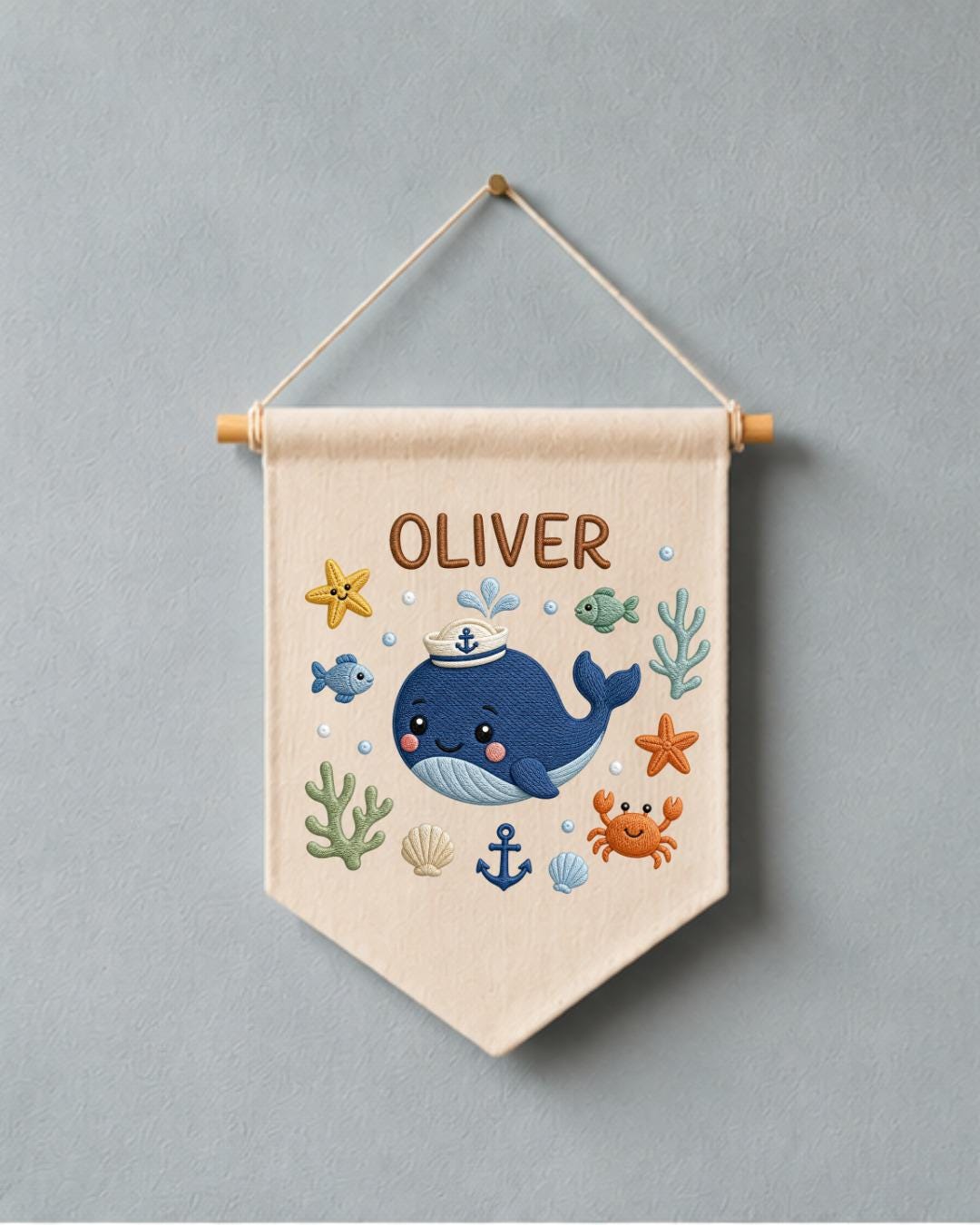 Personalized Whale Nursery Wall Hanging, Embroidered Custom Name Banner, Ocean Baby Boy Room Decor, Nautical Sea Life Nursery Gift