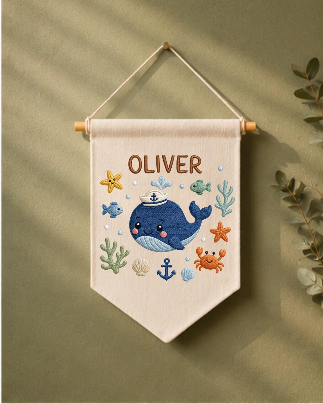 Personalized Whale Nursery Wall Hanging, Embroidered Custom Name Banner, Ocean Baby Boy Room Decor, Nautical Sea Life Nursery Gift