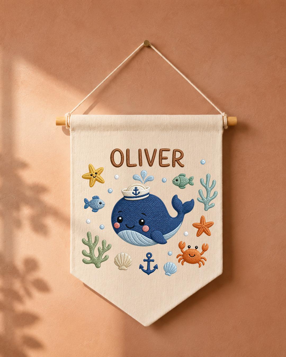 Personalized Whale Nursery Wall Hanging, Embroidered Custom Name Banner, Ocean Baby Boy Room Decor, Nautical Sea Life Nursery Gift