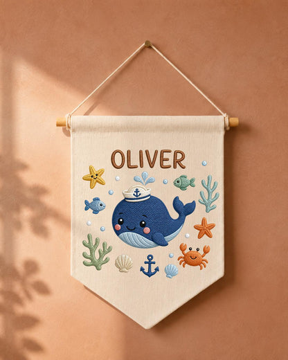 Personalized Whale Nursery Wall Hanging, Embroidered Custom Name Banner, Ocean Baby Boy Room Decor, Nautical Sea Life Nursery Gift