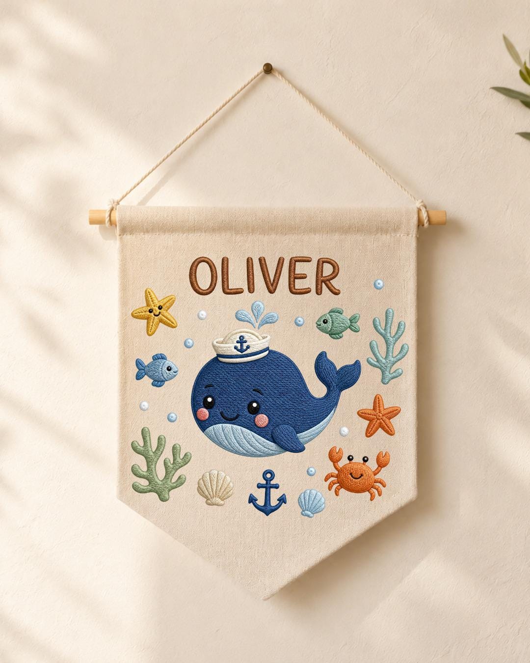 Personalized Whale Nursery Wall Hanging, Embroidered Custom Name Banner, Ocean Baby Boy Room Decor, Nautical Sea Life Nursery Gift