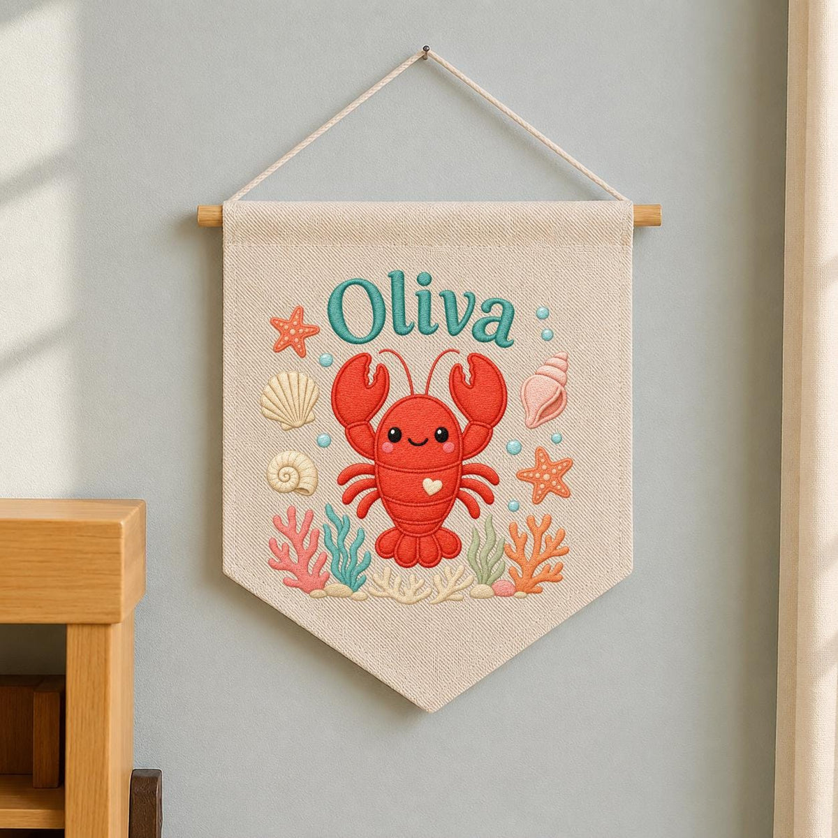 Personalized Lobster Name Banner, Nautical Nursery Decor, Embroidered Canvas Sign