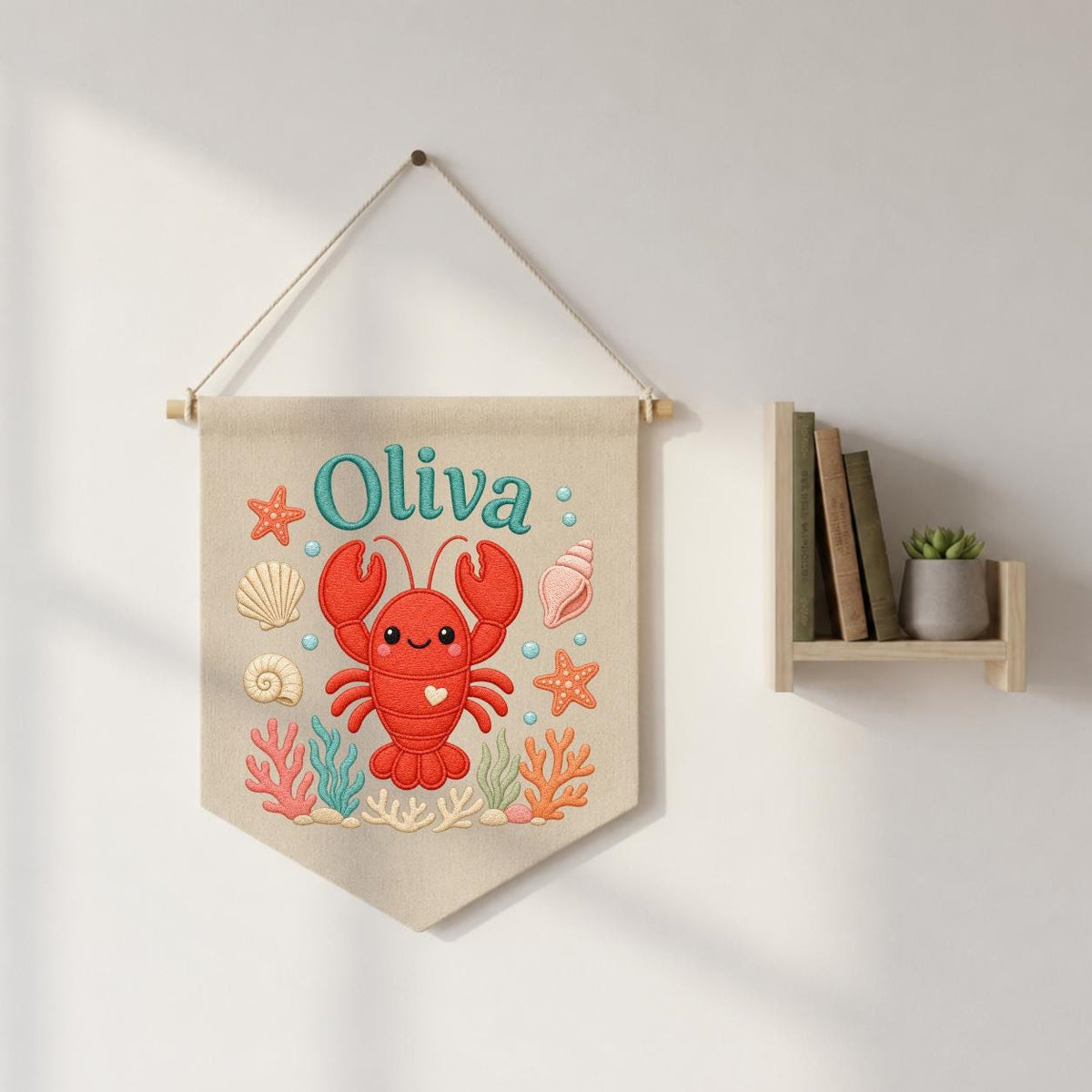 Personalized Lobster Name Banner, Nautical Nursery Decor, Embroidered Canvas Sign