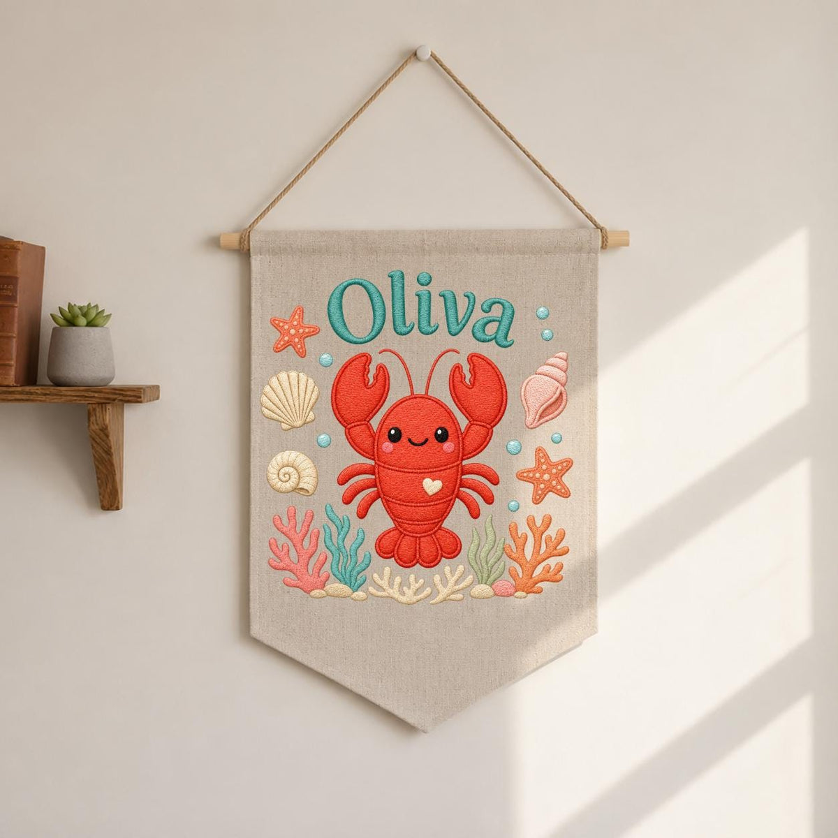 Personalized Lobster Name Banner, Nautical Nursery Decor, Embroidered Canvas Sign
