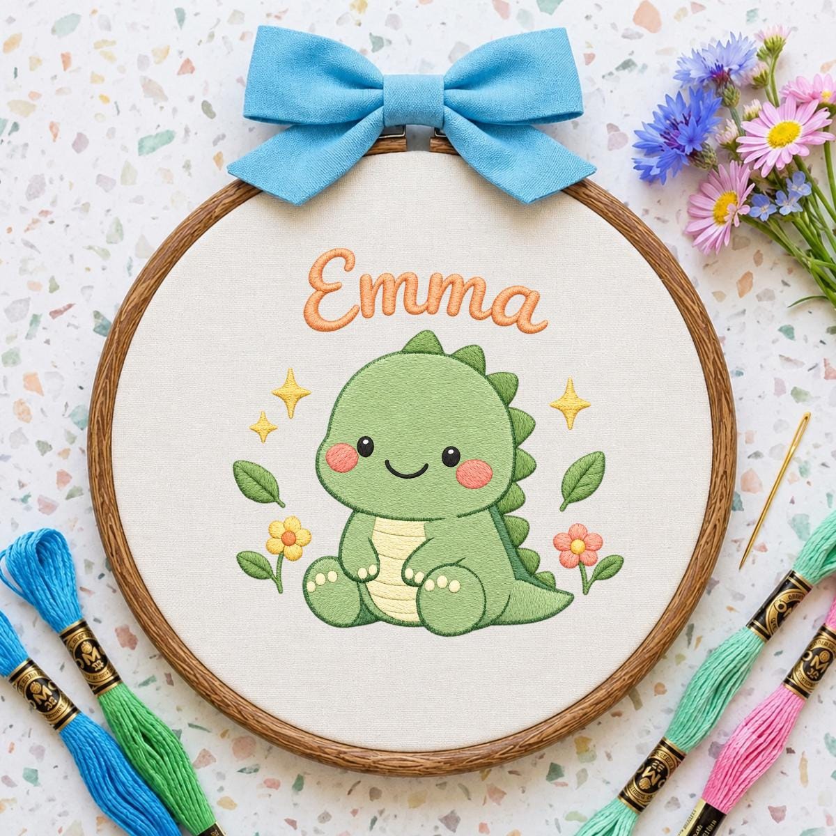 Personalized Embroidered Dinosaur Hoop Art, Custom Name Nursery Decor