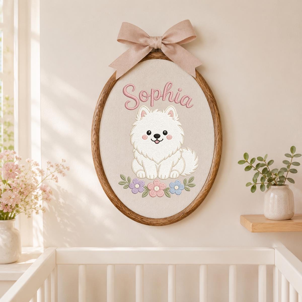 Personalized Embroidered Hoop Art, White Dog Nursery Decor, Custom Name Fabric Wall Sign