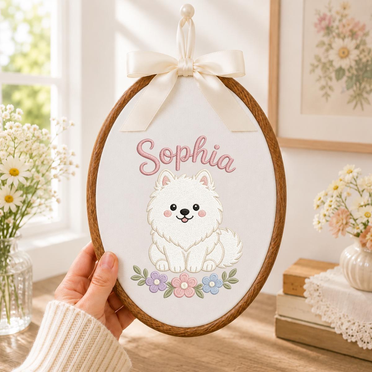 Personalized Embroidered Hoop Art, White Dog Nursery Decor, Custom Name Fabric Wall Sign