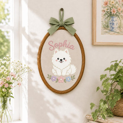 Personalized Embroidered Hoop Art, White Dog Nursery Decor, Custom Name Fabric Wall Sign