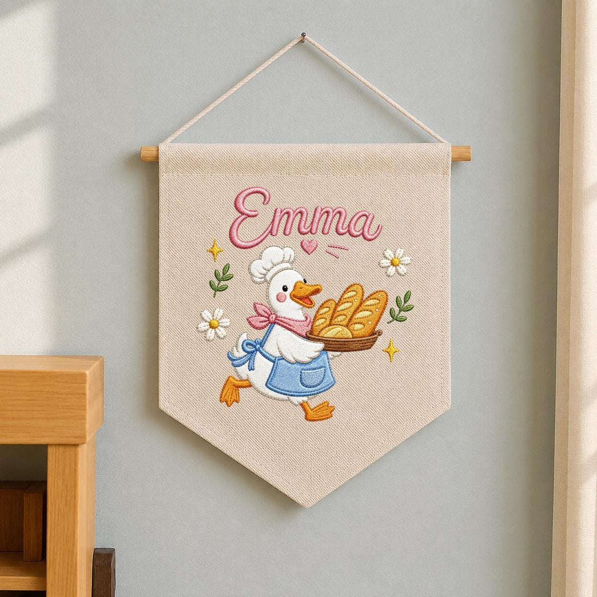Embroidered Baker Duck Linen Banner, Custom Name Nursery Decor, Playroom Wall Hanging