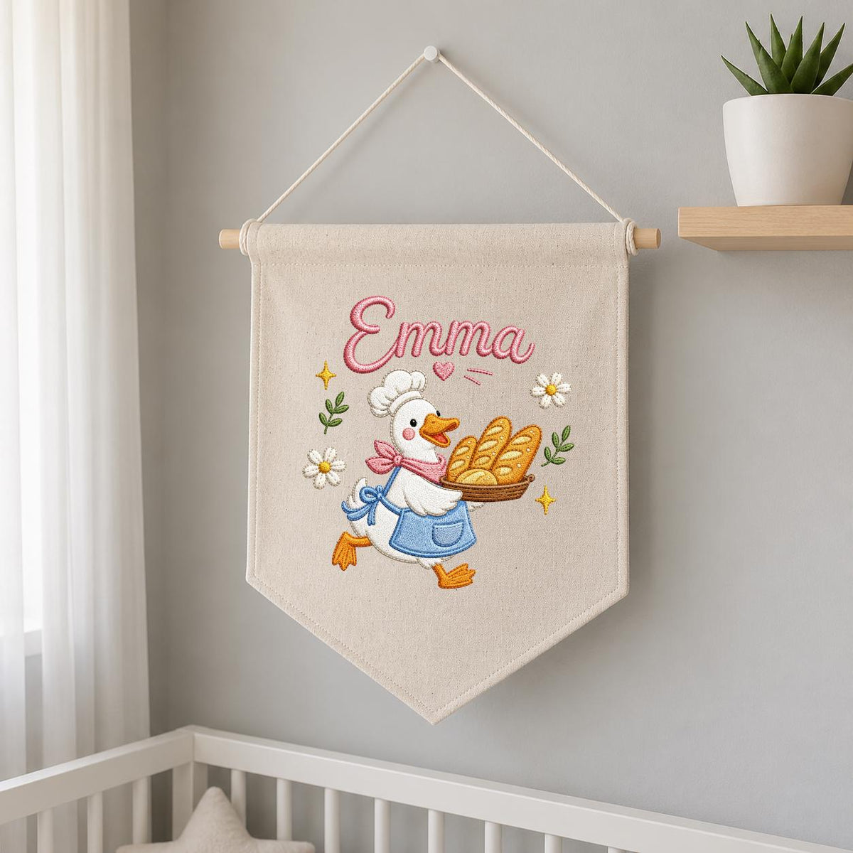 Embroidered Baker Duck Linen Banner, Custom Name Nursery Decor, Playroom Wall Hanging