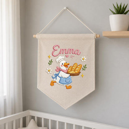 Embroidered Baker Duck Linen Banner, Custom Name Nursery Decor, Playroom Wall Hanging