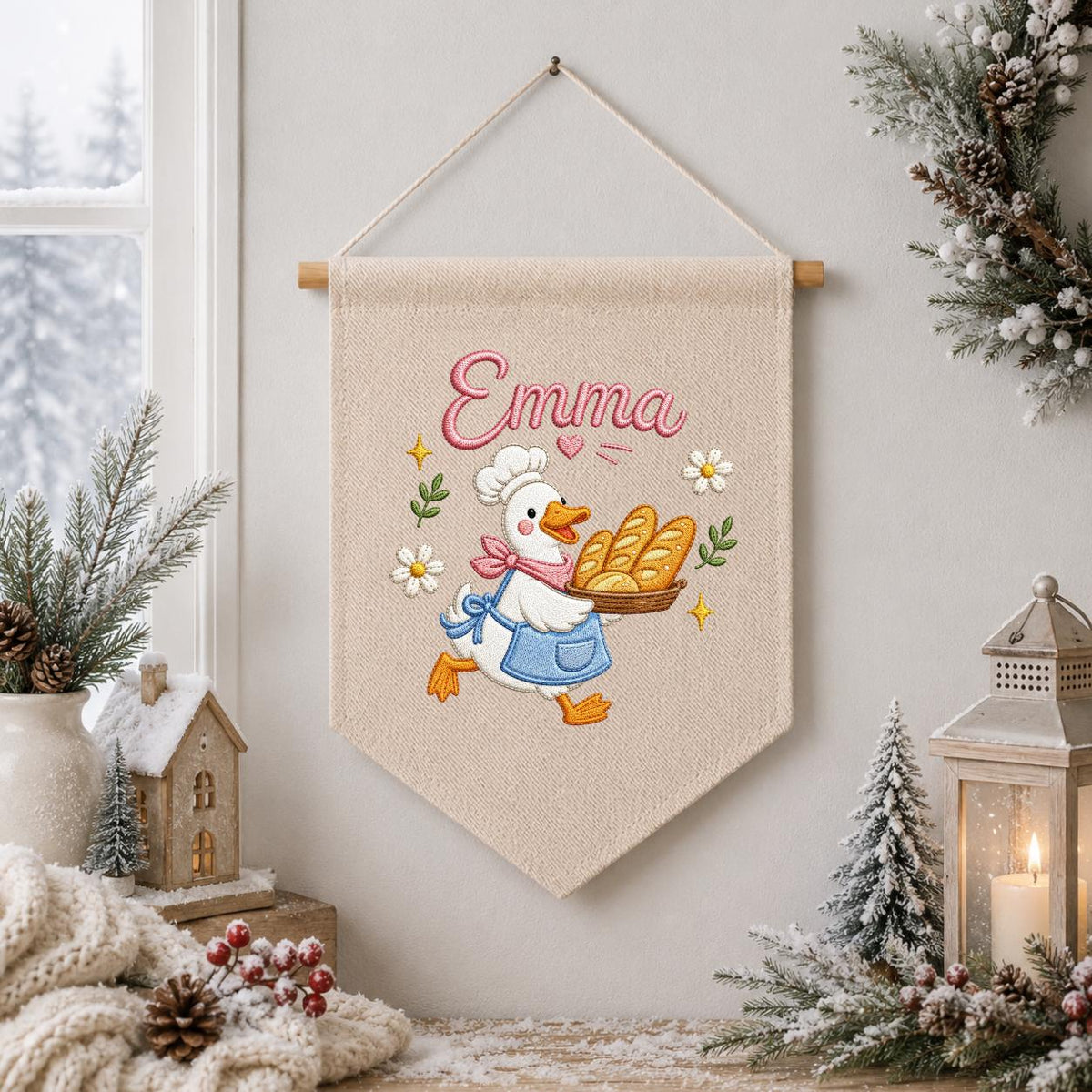 Embroidered Baker Duck Linen Banner, Custom Name Nursery Decor, Playroom Wall Hanging