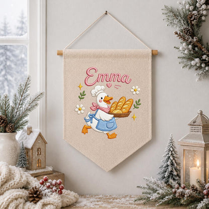 Embroidered Baker Duck Linen Banner, Custom Name Nursery Decor, Playroom Wall Hanging