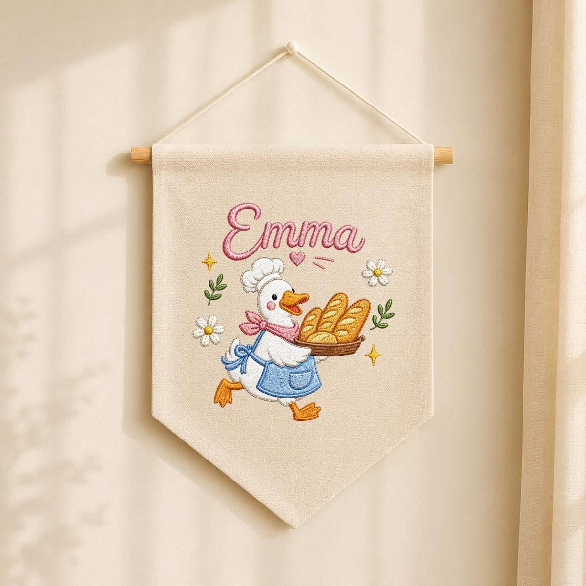 Embroidered Baker Duck Linen Banner, Custom Name Nursery Decor, Playroom Wall Hanging