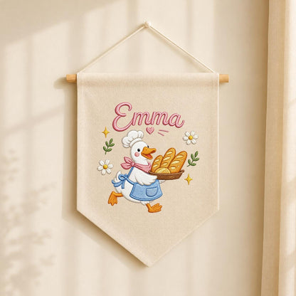 Embroidered Baker Duck Linen Banner, Custom Name Nursery Decor, Playroom Wall Hanging