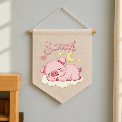 Personalized Embroidered Baby Girl Banner, Sleeping Piglet Nursery Decor