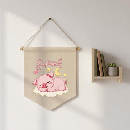 Personalized Embroidered Baby Girl Banner, Sleeping Piglet Nursery Decor