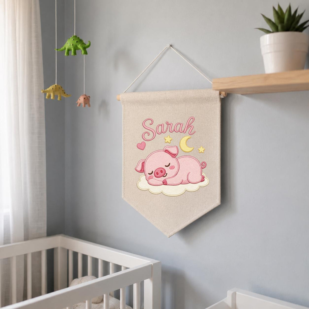 Personalized Embroidered Baby Girl Banner, Sleeping Piglet Nursery Decor