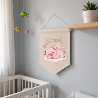 Personalized Embroidered Baby Girl Banner, Sleeping Piglet Nursery Decor