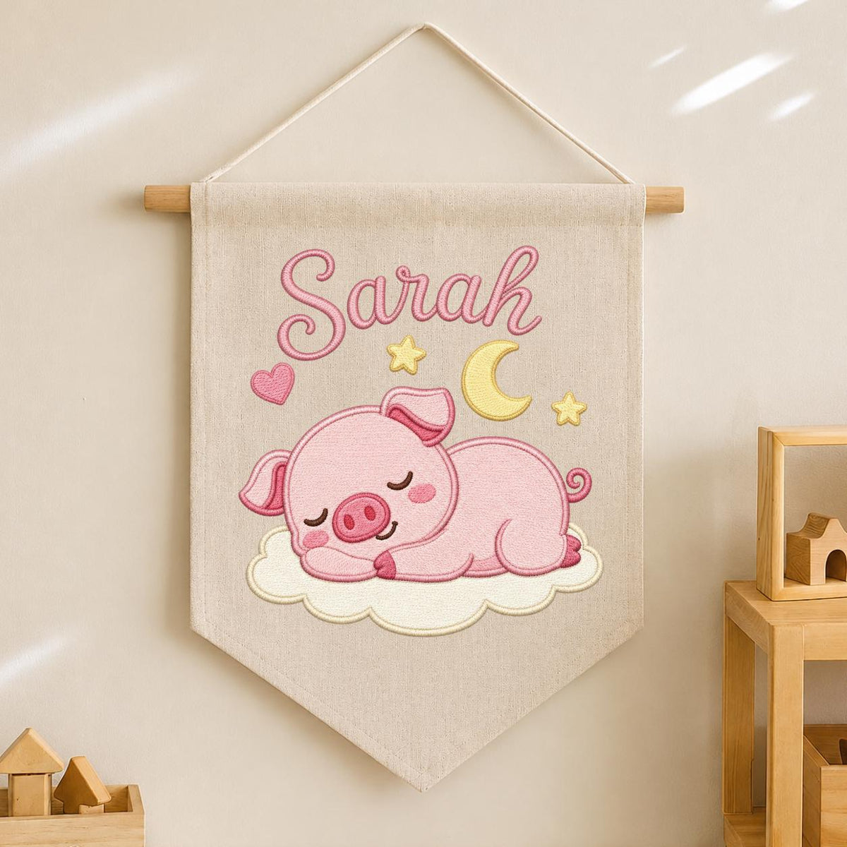Personalized Embroidered Baby Girl Banner, Sleeping Piglet Nursery Decor