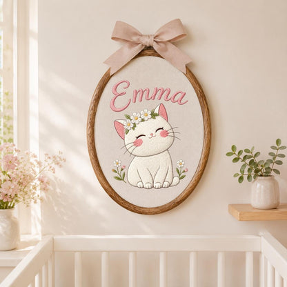 Personalized Embroidered Cat Hoop Art, Custom Name Daisy Crown Fabric Wall Decor