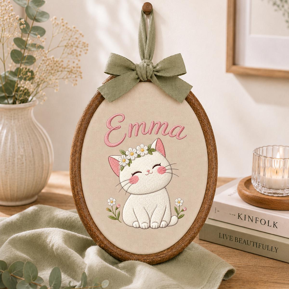 Personalized Embroidered Cat Hoop Art, Custom Name Daisy Crown Fabric Wall Decor