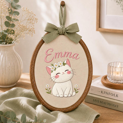 Personalized Embroidered Cat Hoop Art, Custom Name Daisy Crown Fabric Wall Decor
