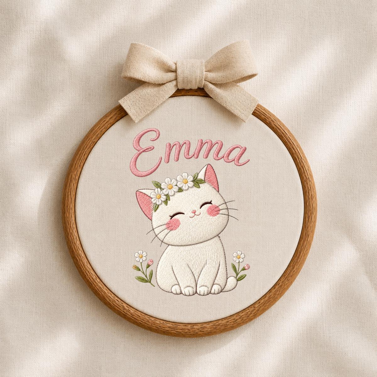 Personalized Embroidered Cat Hoop Art, Custom Name Daisy Crown Fabric Wall Decor