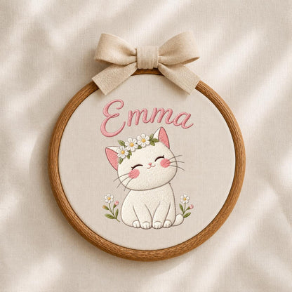 Personalized Embroidered Cat Hoop Art, Custom Name Daisy Crown Fabric Wall Decor