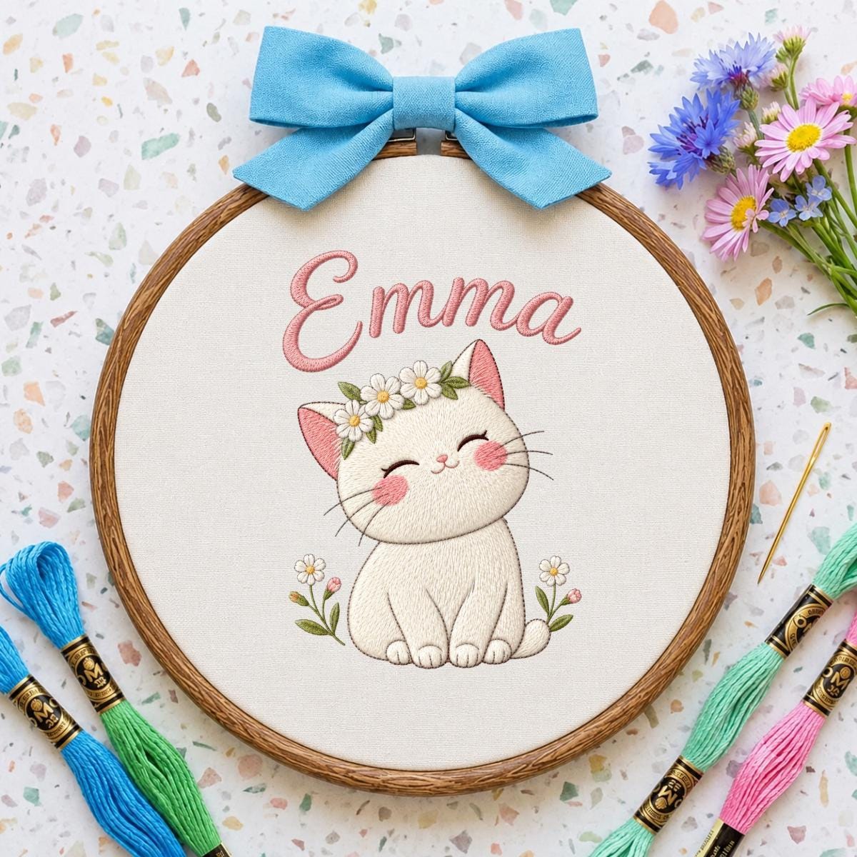 Personalized Embroidered Cat Hoop Art, Custom Name Daisy Crown Fabric Wall Decor