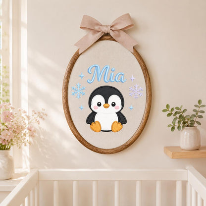 Personalized Penguin Embroidered Hoop Art, Custom Name Nursery Decor