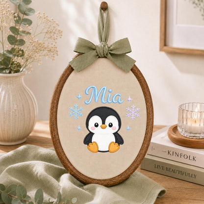 Personalized Penguin Embroidered Hoop Art, Custom Name Nursery Decor