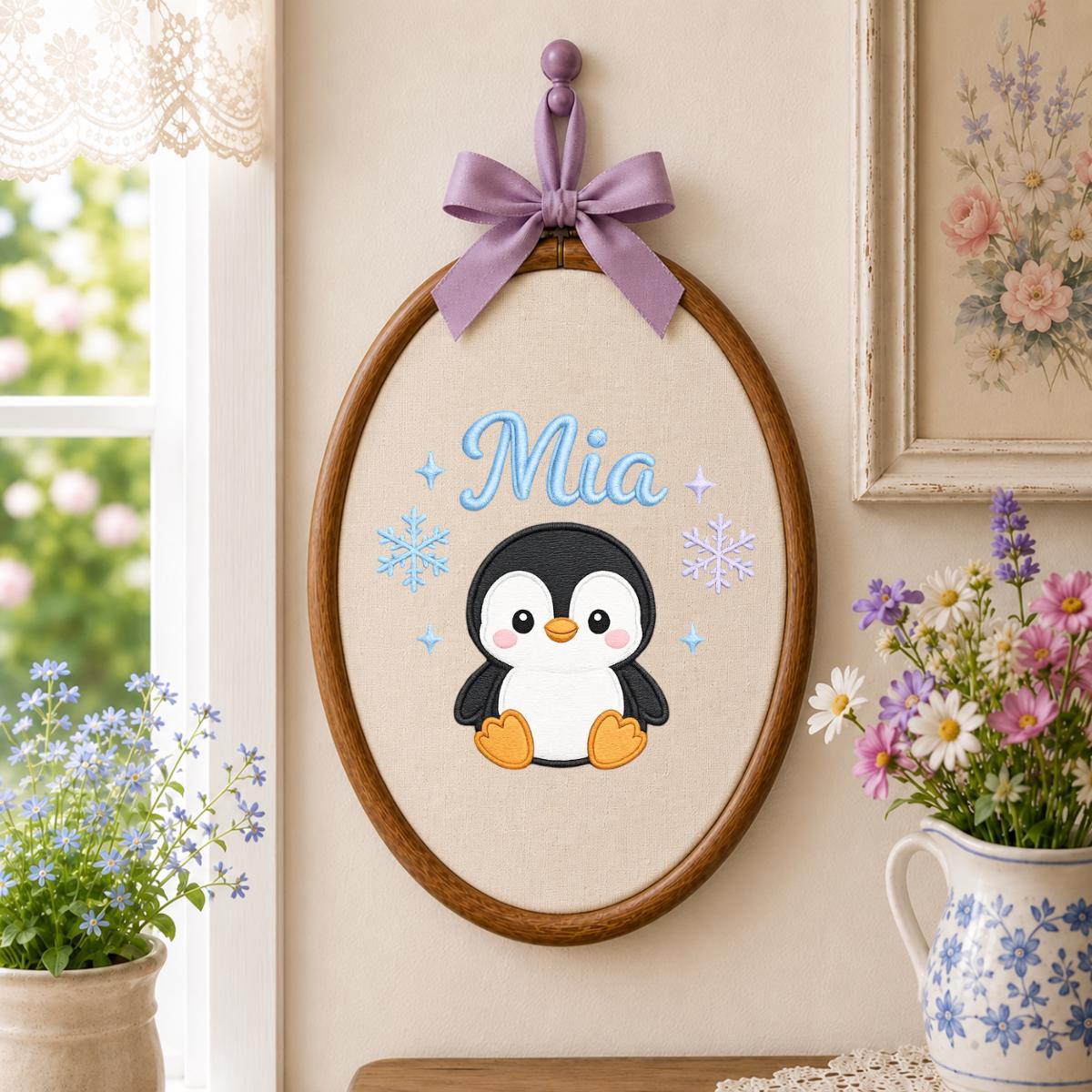 Personalized Penguin Embroidered Hoop Art, Custom Name Nursery Decor
