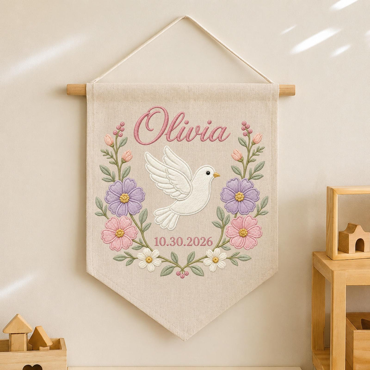 Personalized Embroidered Baptism Wall Hanging Banner, Custom Baby Name Sign, Floral Dove Nursery Decor, Christening Keepsake Gift