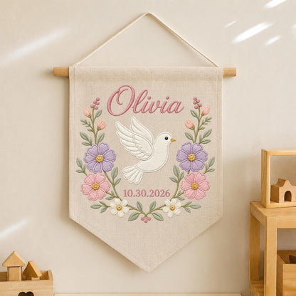 Personalized Embroidered Baptism Wall Hanging Banner, Custom Baby Name Sign, Floral Dove Nursery Decor, Christening Keepsake Gift