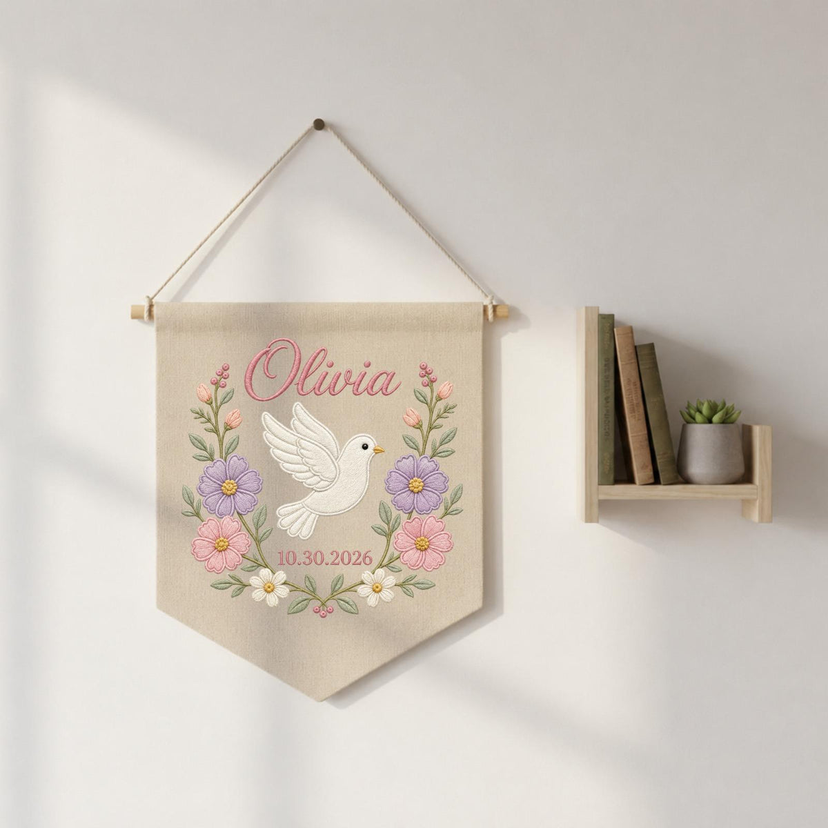 Personalized Embroidered Baptism Wall Hanging Banner, Custom Baby Name Sign, Floral Dove Nursery Decor, Christening Keepsake Gift