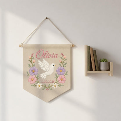 Personalized Embroidered Baptism Wall Hanging Banner, Custom Baby Name Sign, Floral Dove Nursery Decor, Christening Keepsake Gift