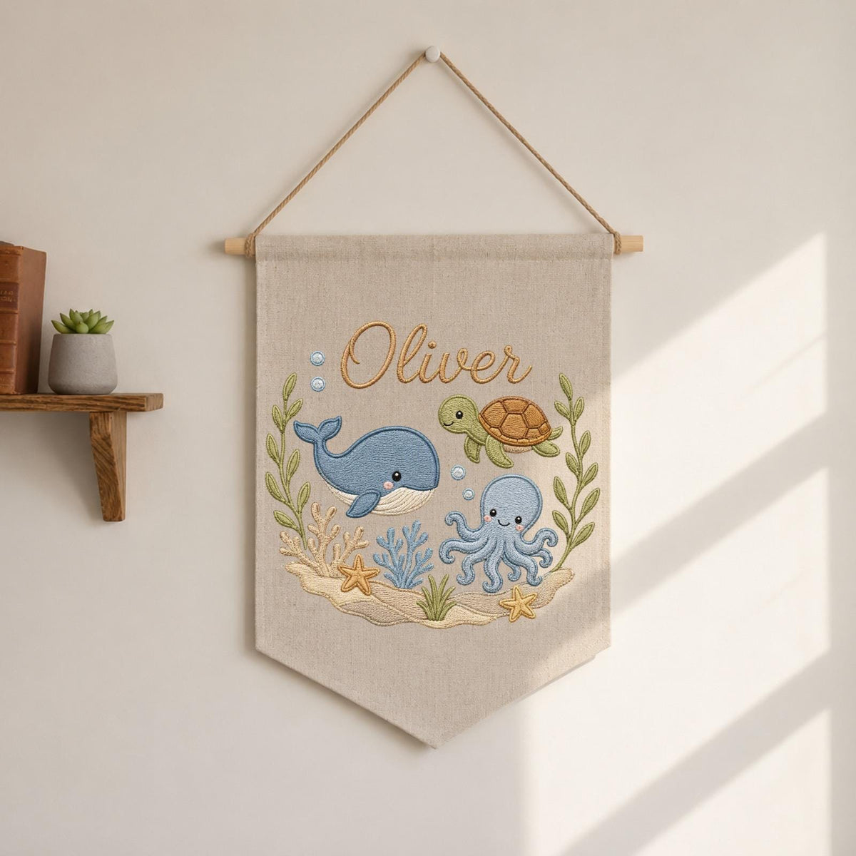 Personalized Embroidered Ocean Animals Wall Hanging Banner, Custom Baby Name Sign, Under the Sea Nursery Decor, Baby Shower Gift