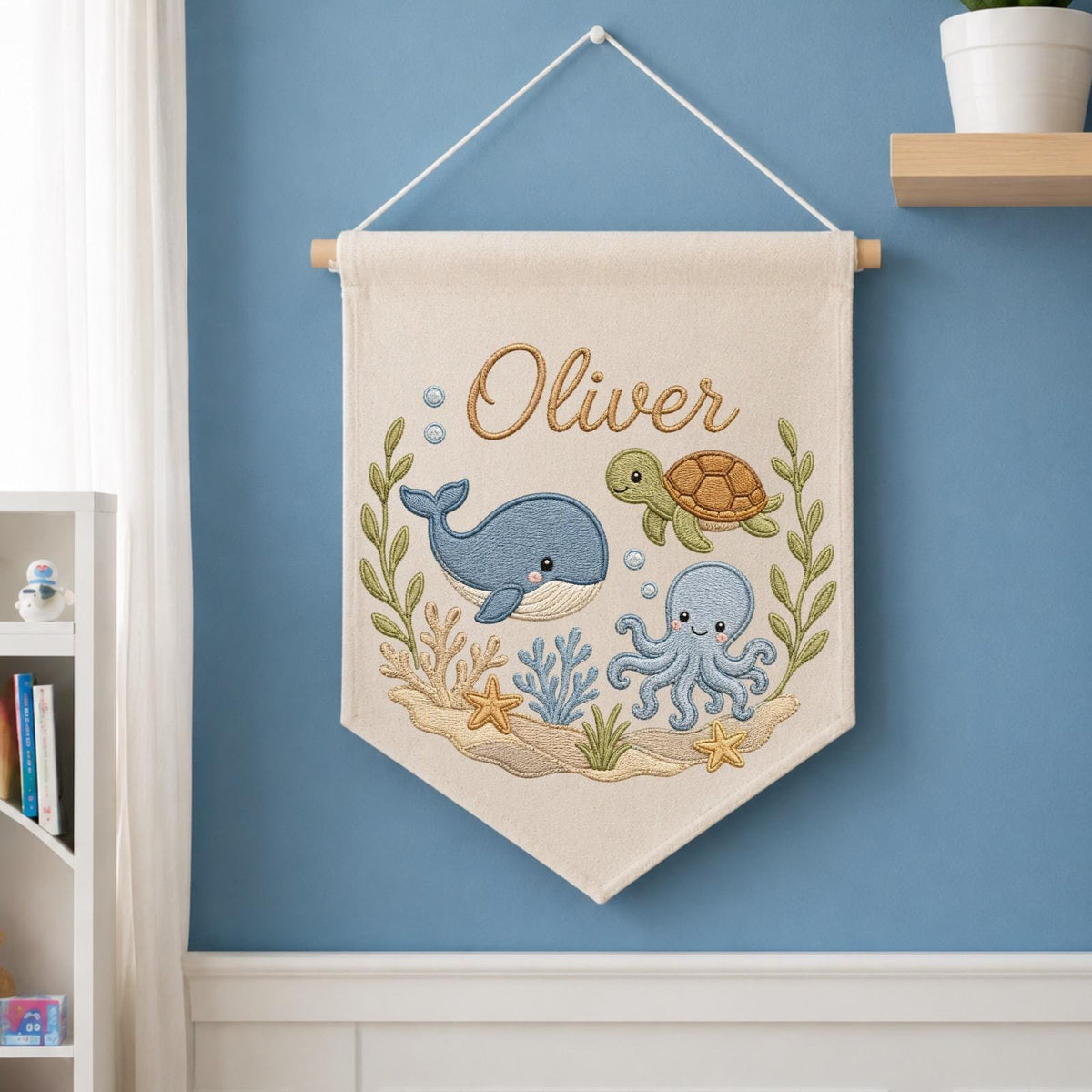 Personalized Embroidered Ocean Animals Wall Hanging Banner, Custom Baby Name Sign, Under the Sea Nursery Decor, Baby Shower Gift
