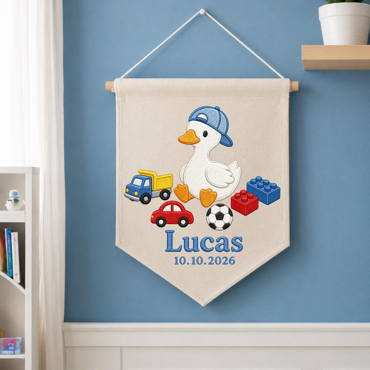 Personalized Embroidered Duck Wall Hanging Banner, Custom Baby Name Sign, Boy Nursery Decor, Birth Date Keepsake, Baby Shower Gift