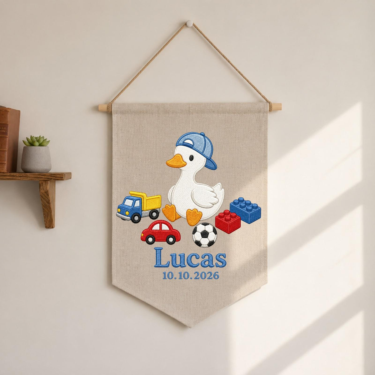 Personalized Embroidered Duck Wall Hanging Banner, Custom Baby Name Sign, Boy Nursery Decor, Birth Date Keepsake, Baby Shower Gift
