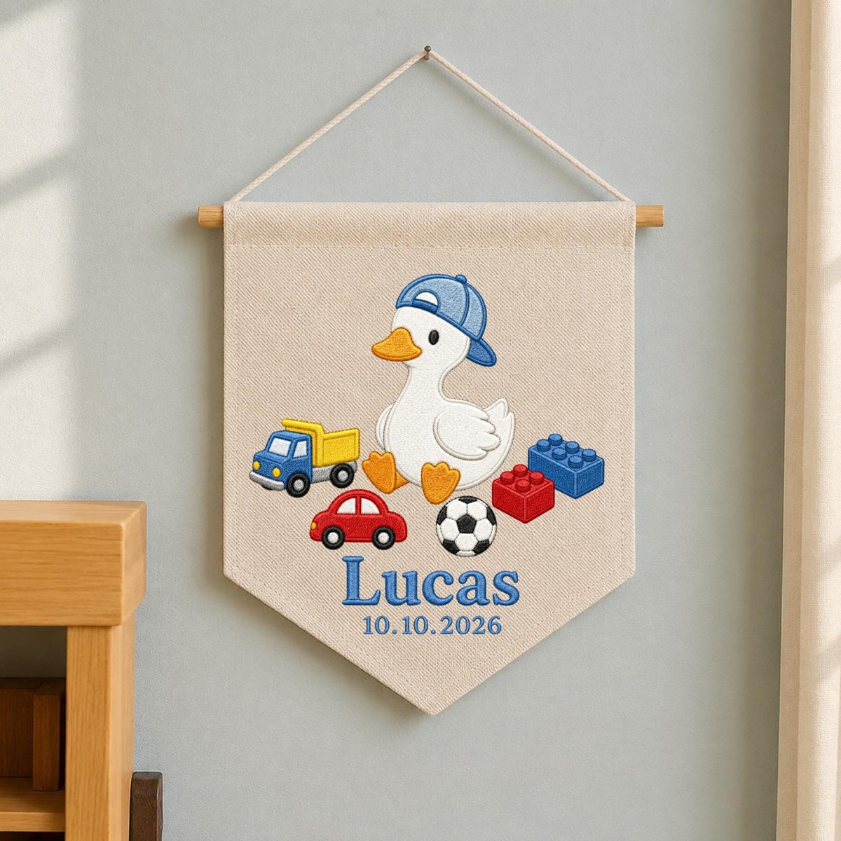 Personalized Embroidered Duck Wall Hanging Banner, Custom Baby Name Sign, Boy Nursery Decor, Birth Date Keepsake, Baby Shower Gift
