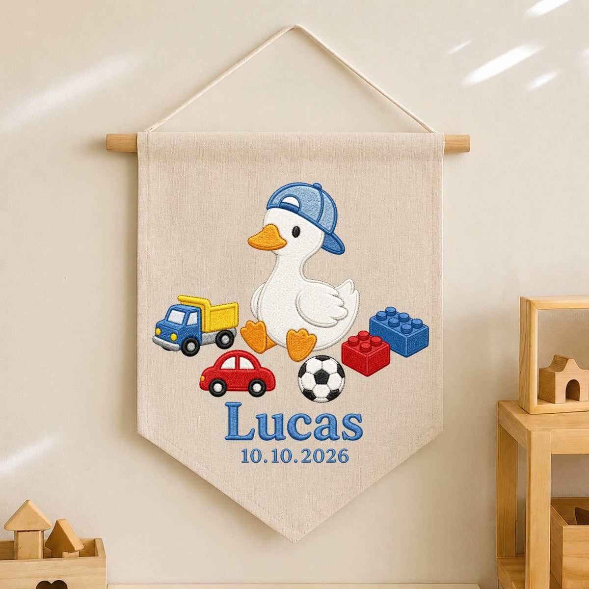 Personalized Embroidered Duck Wall Hanging Banner, Custom Baby Name Sign, Boy Nursery Decor, Birth Date Keepsake, Baby Shower Gift