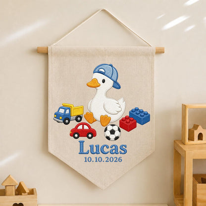 Personalized Embroidered Duck Wall Hanging Banner, Custom Baby Name Sign, Boy Nursery Decor, Birth Date Keepsake, Baby Shower Gift